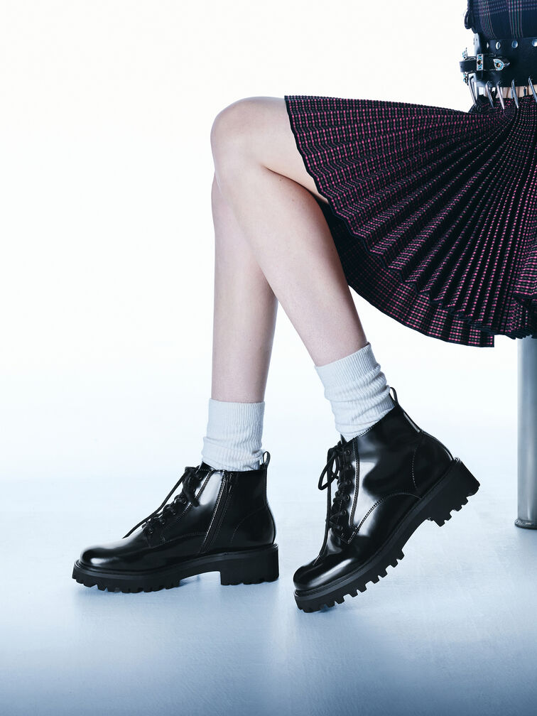 Ridged-Sole Side-Zip Combat Boots, Black Box, hi-res