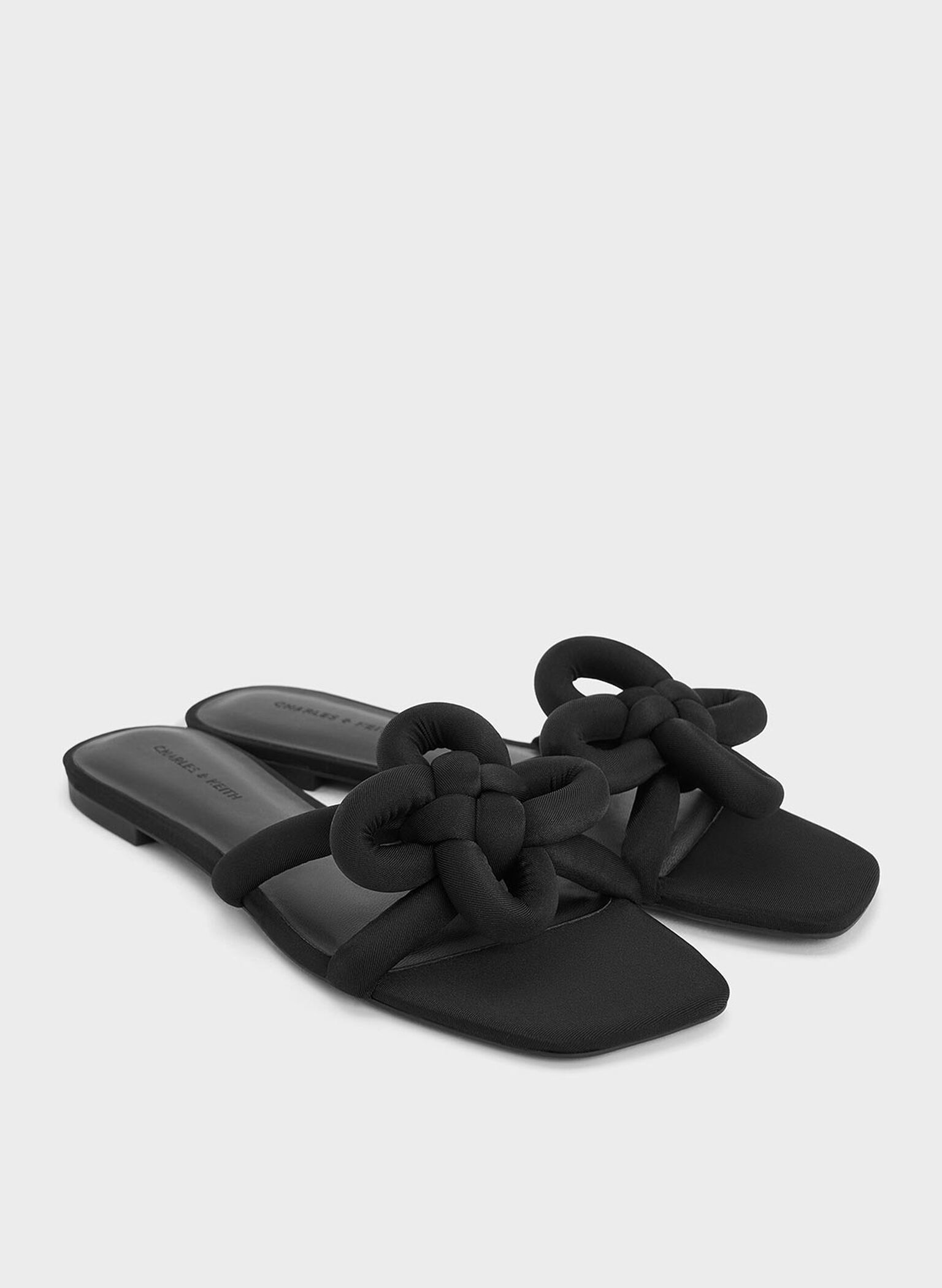 Clover-Knot Slide Sandals, Black Textured, hi-res