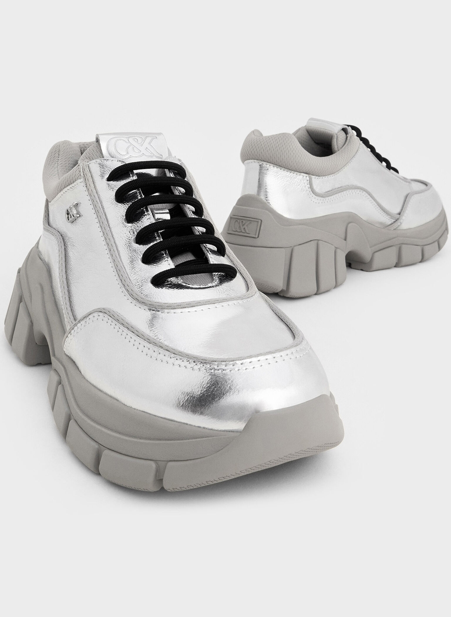 Yunna Metallic Leather & Recycled Fabric Chunky Sneakers, Silver, hi-res