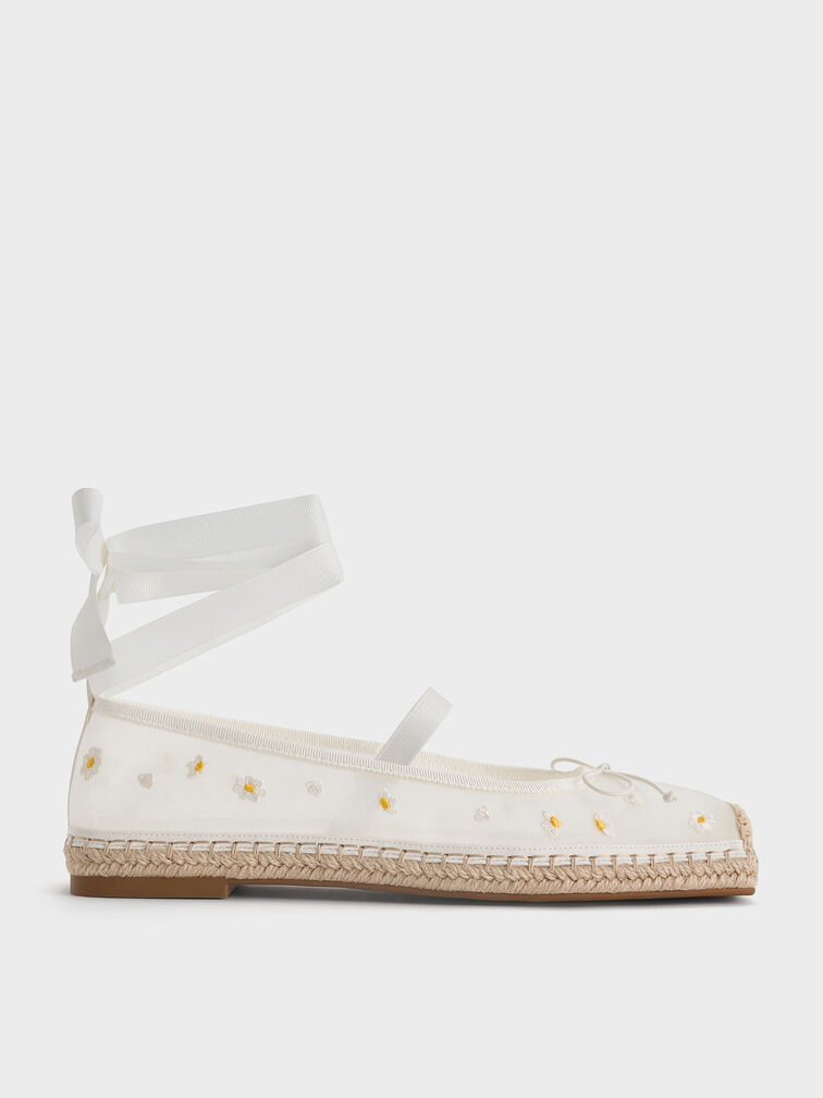 Mesh Floral-Embroidered Bow Tie-Around Espadrille Ballet Flats, White, hi-res