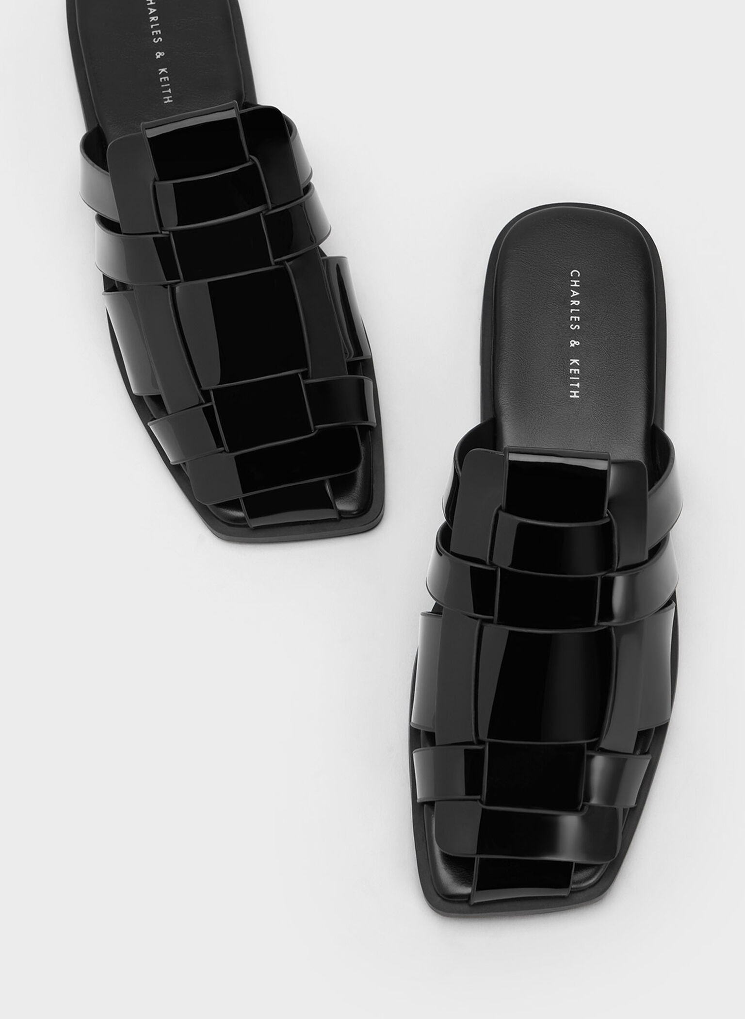 Patent Woven Flat Mules, Black Patent, hi-res
