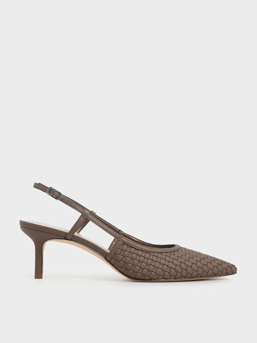 Woven Slingback Pumps, Brown, hi-res