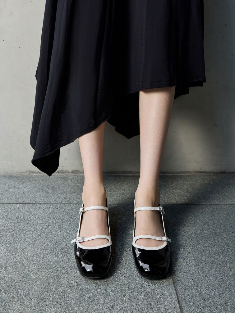 Patent Contrast-Trim Double-Strap Mary Jane Pumps, Black Patent, hi-res