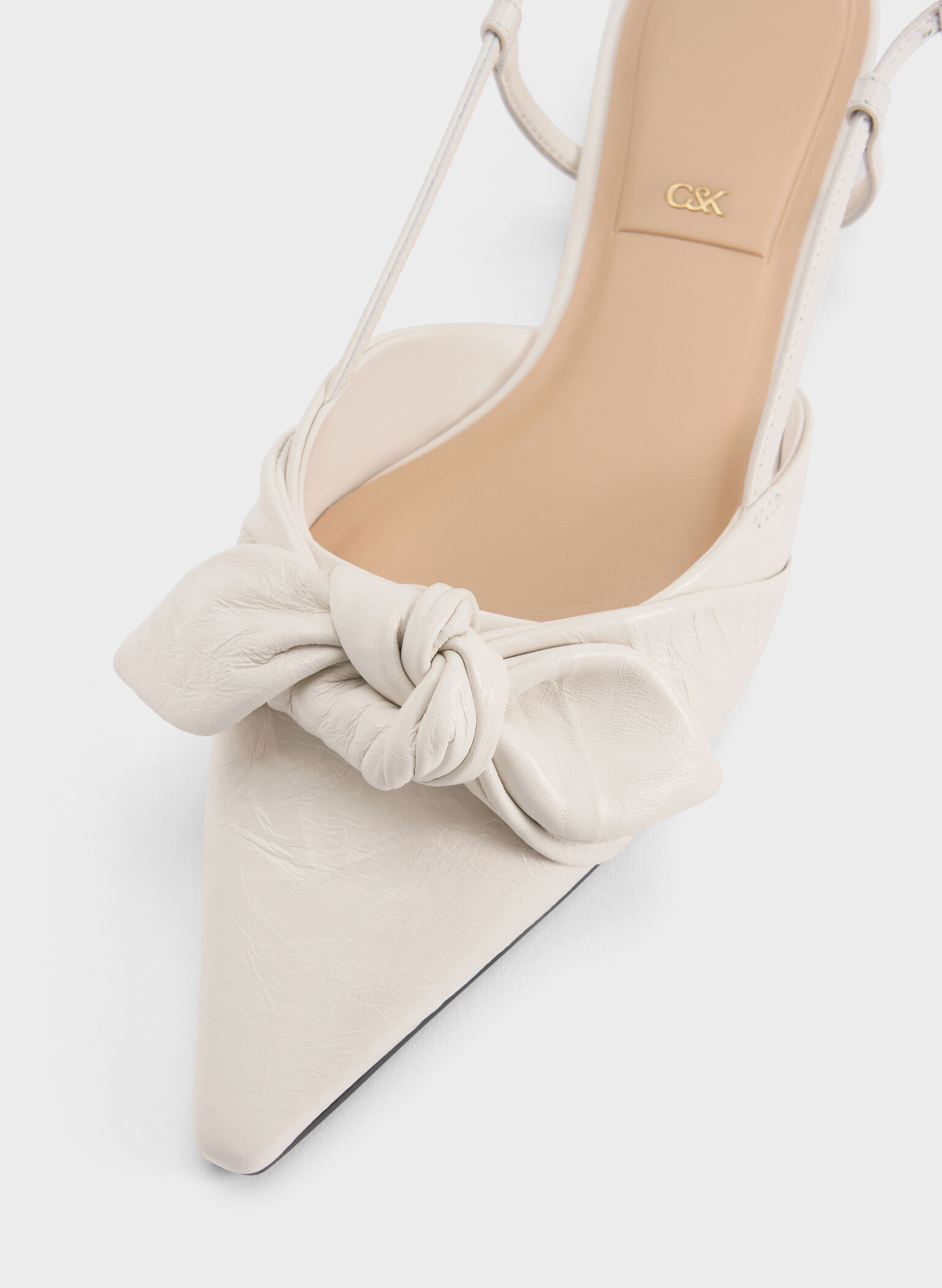 Jayce Leather Crinkle-Effect Knot-Bow Slingback Flats, White, hi-res