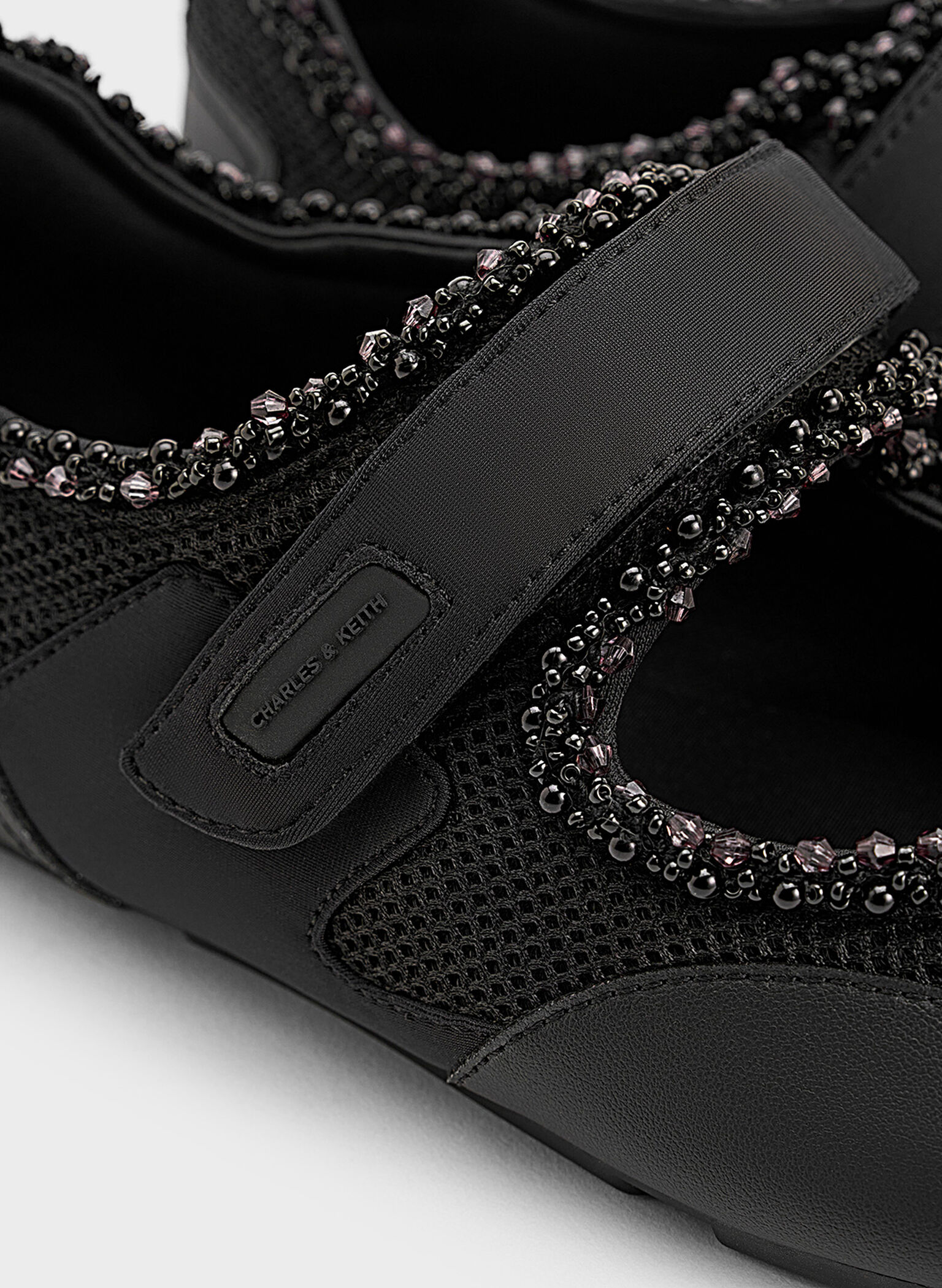 Mesh Pearl-Embellished Mary Jane Sneakers, Black Textured, hi-res