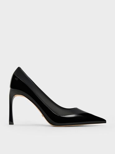 Leather & Patent Pointed-Toe Pumps, Black, hi-res