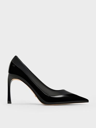 Leather & Patent Pointed-Toe Pumps, Black, hi-res