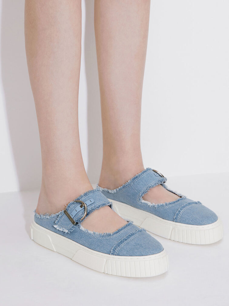 Denim Buckled Slip-On Sneakers, Light Blue, hi-res