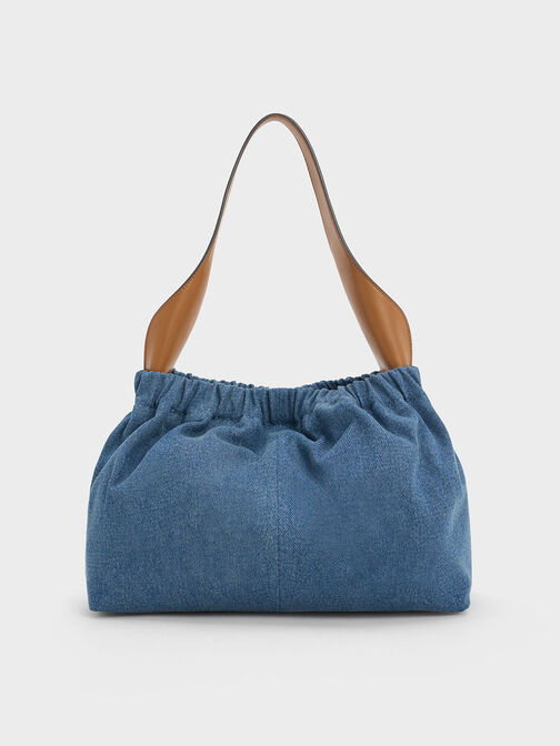 Large Ally Denim Ruched Slouchy Bag, Denim Blue, hi-res