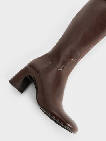 Block-Heel Knee-High Biker Boots, Dark Brown, hi-res