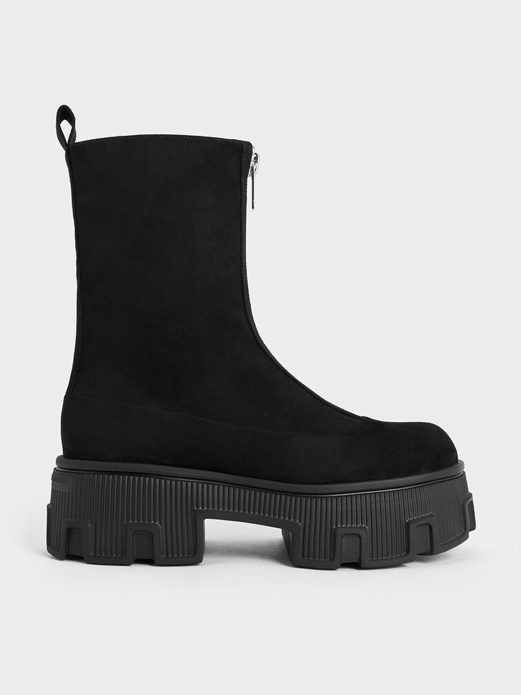 Faux Suede Zip-Up Platform Calf Boots, Black Textured, hi-res