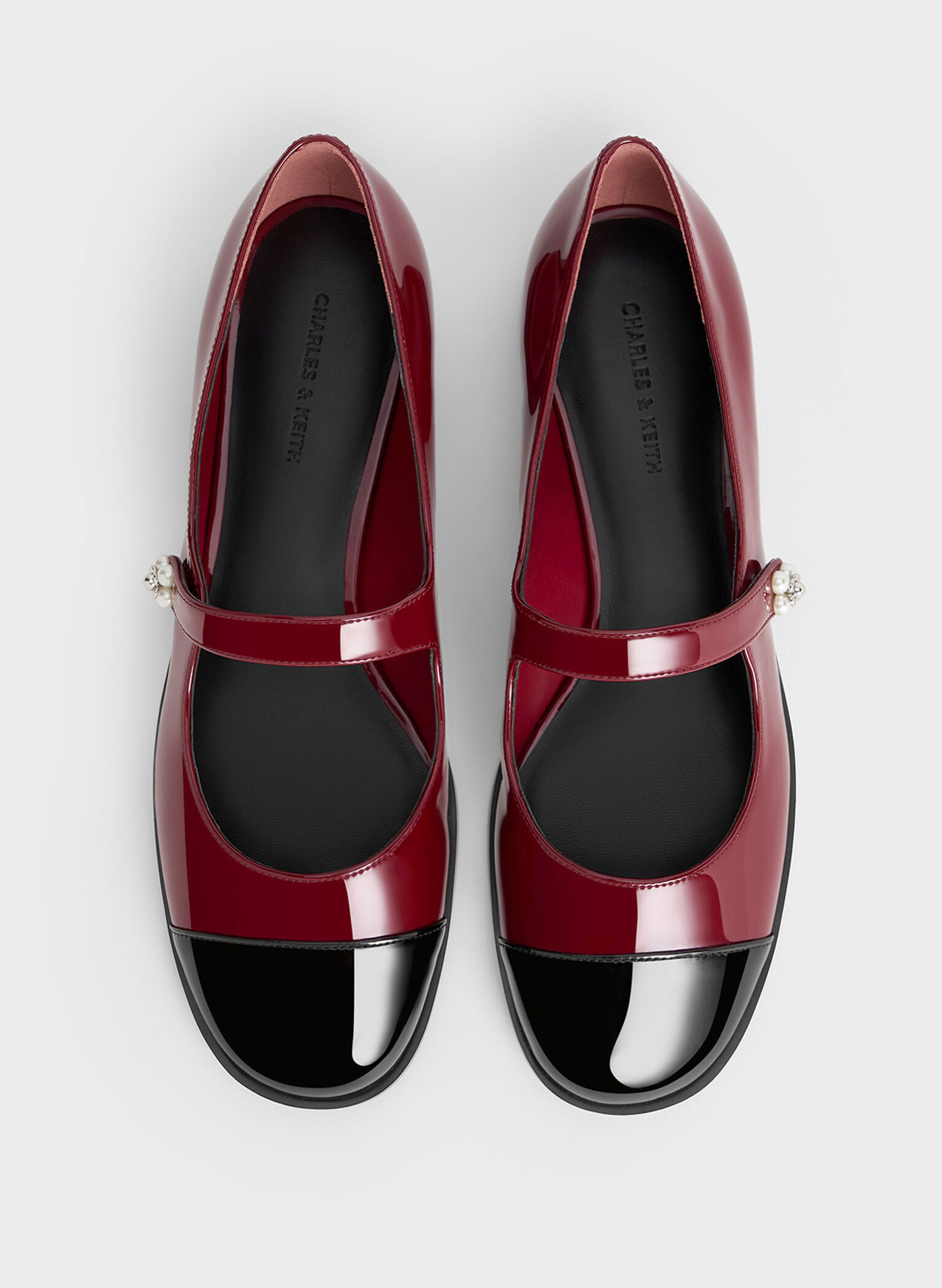 Patent Pearl-Embellished Flower-Buckle Cap-Toe Mary Janes, Maroon, hi-res