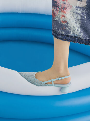 Crochet Floral Pointed-Toe Slingback Pumps, Blue, hi-res