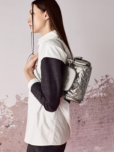 Duo Quilted Two-Way Front Flap Backpack, Pewter, hi-res