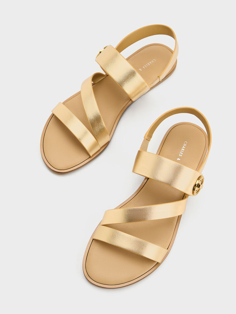 Yara Metallic Turn Lock Strappy Sandals, Gold, hi-res