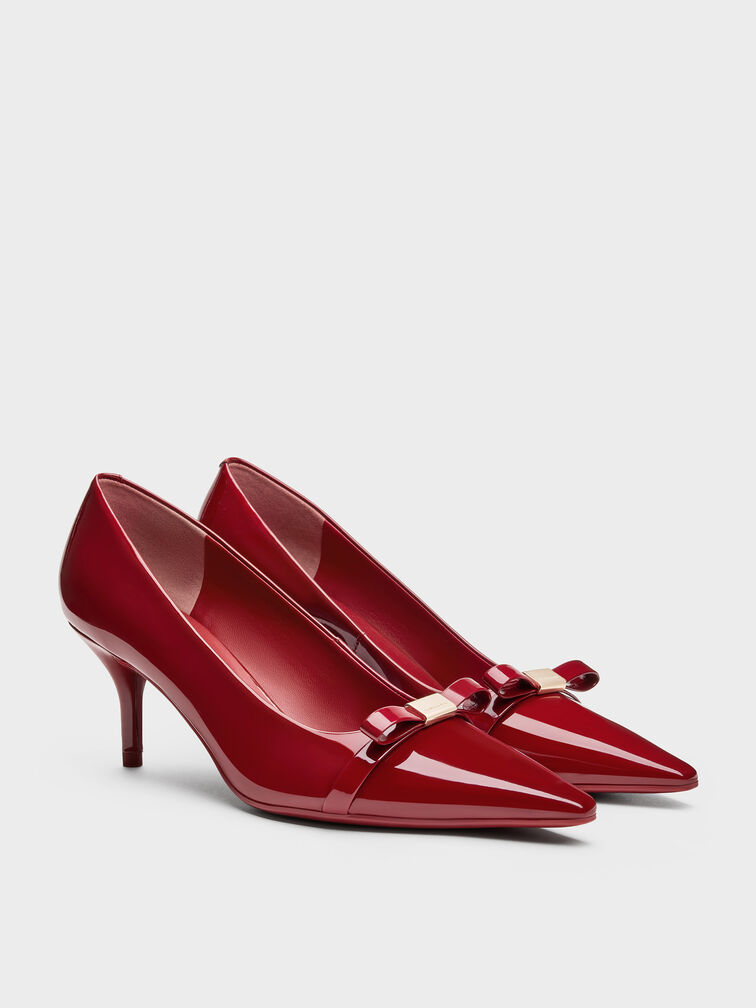 Dorian Patent Bow Pointed-Toe Stiletto-Heel Pumps, Red, hi-res