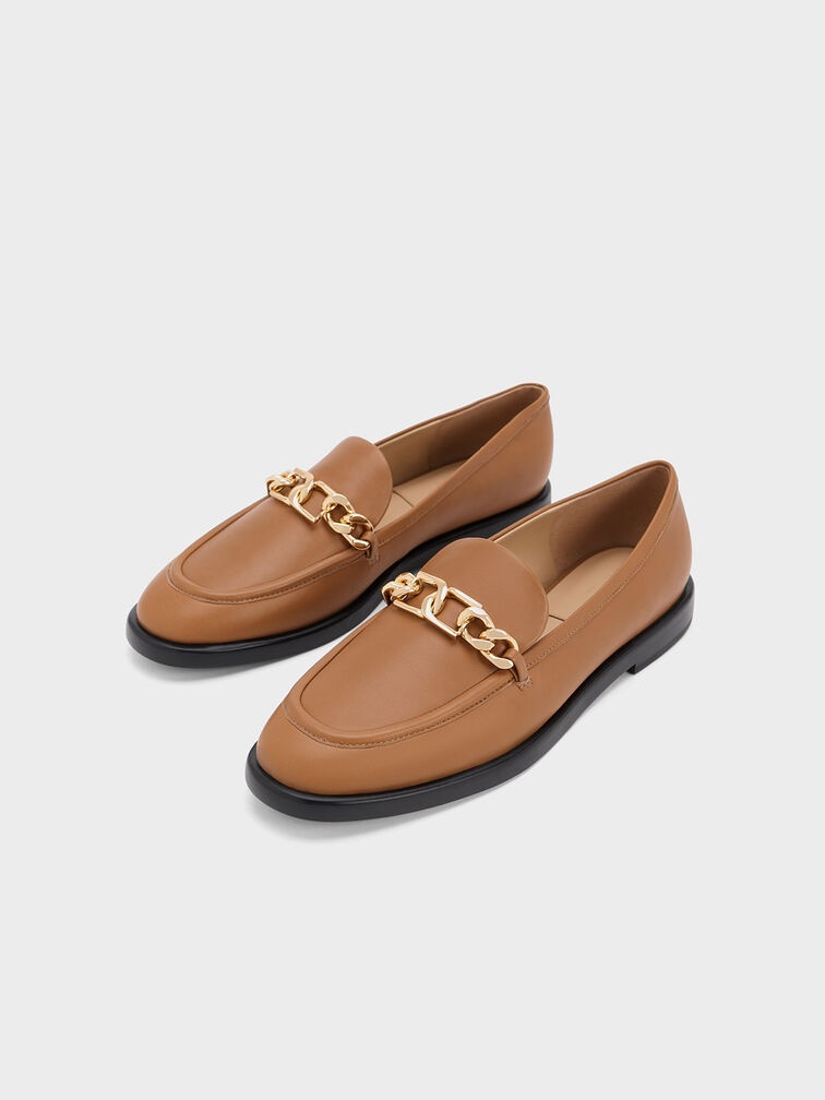 Gabine Chain-Link Leather Loafers, Brown, hi-res