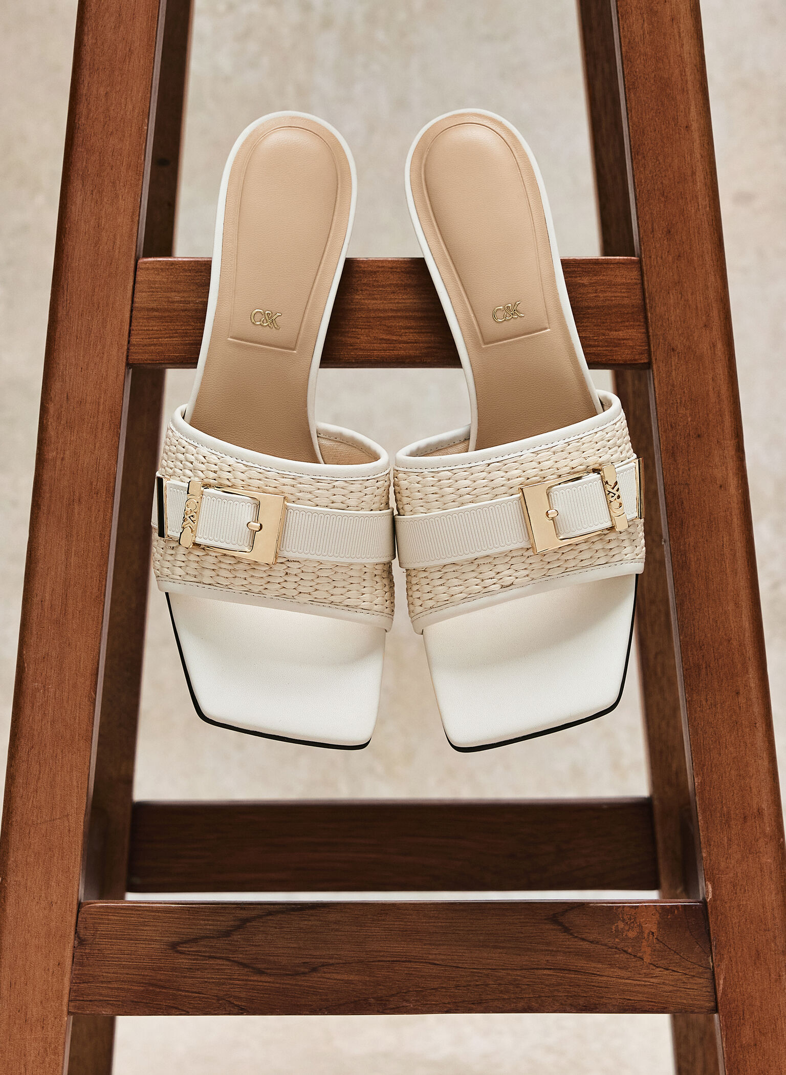Whitney Leather & Raffia Buckled Heeled Mules, White, hi-res
