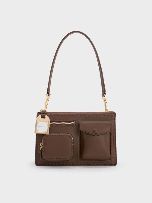 Austen Multi-Pocket Shoulder Bag, Dark Brown, hi-res