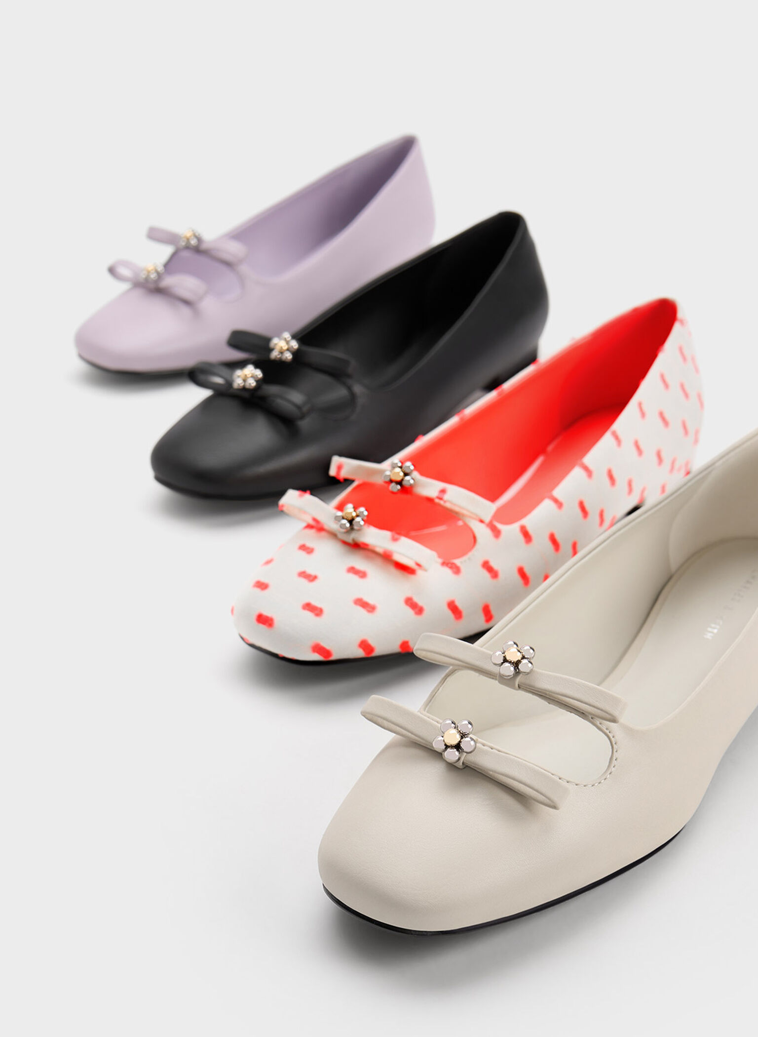 Floral Beaded Printed Bow Ballerinas, Coral Pink, hi-res
