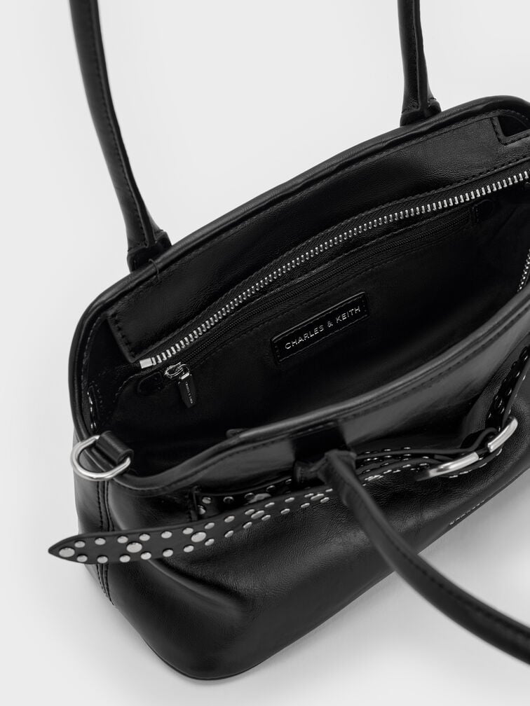 Victoria Studded Belted Elongated Shoulder Bag, Noir, hi-res