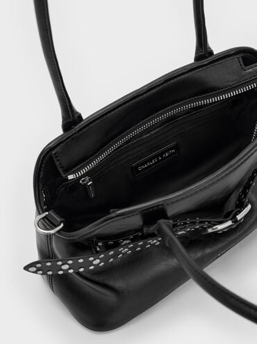 Victoria Studded Belted Elongated Shoulder Bag, Noir, hi-res