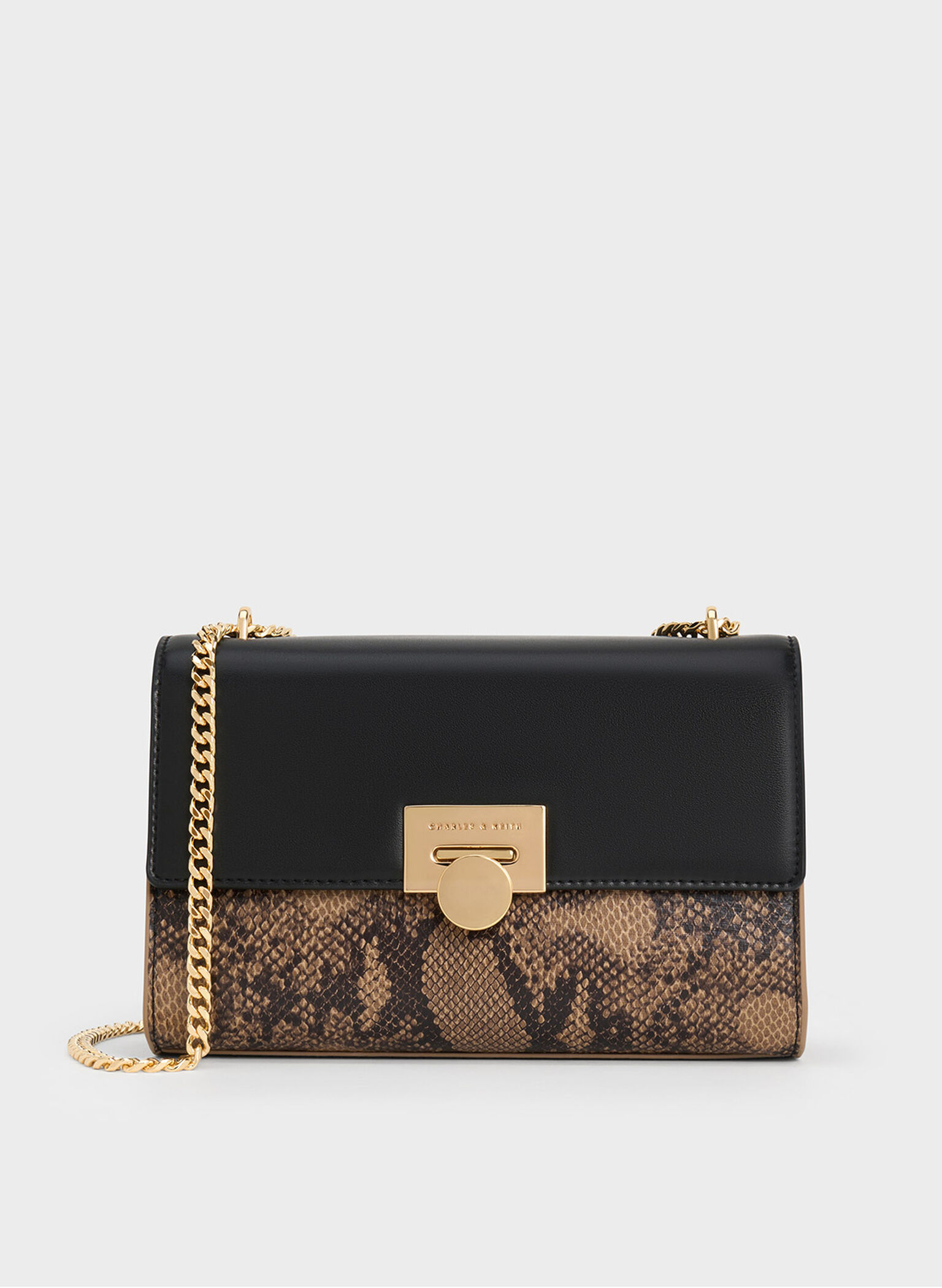 Ebba Snake Print Chain-Strap Bag, Beige, hi-res