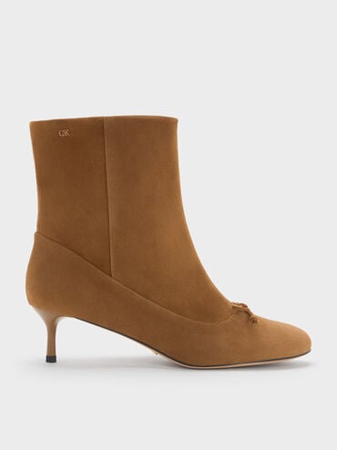 Aretha Suede Bow Kitten-Heel Calf Boots, Brown, hi-res
