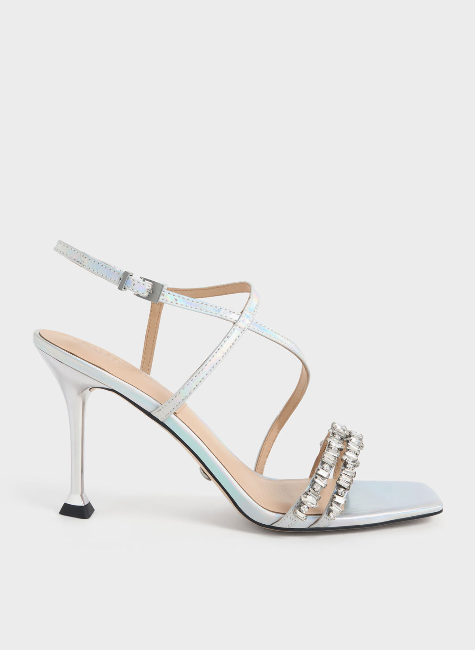 Holographic Leather Gem-Embellished Strappy Sandals, Multi, hi-res