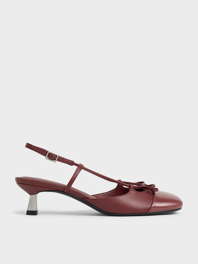 Patent Cap-Toe Bow Slingback Pumps, Burgundy, hi-res
