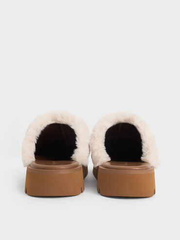 Hannah Textured Fur-Trim Buckled Mules, Brown, hi-res