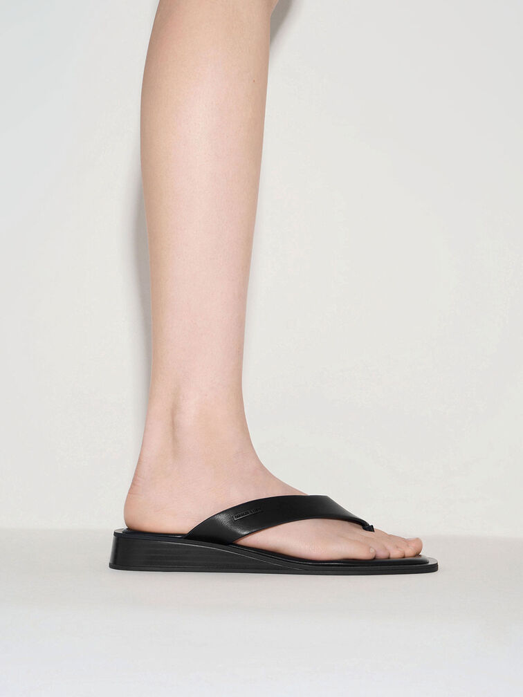 V-Strap Wedge Thong Sandals, Black, hi-res