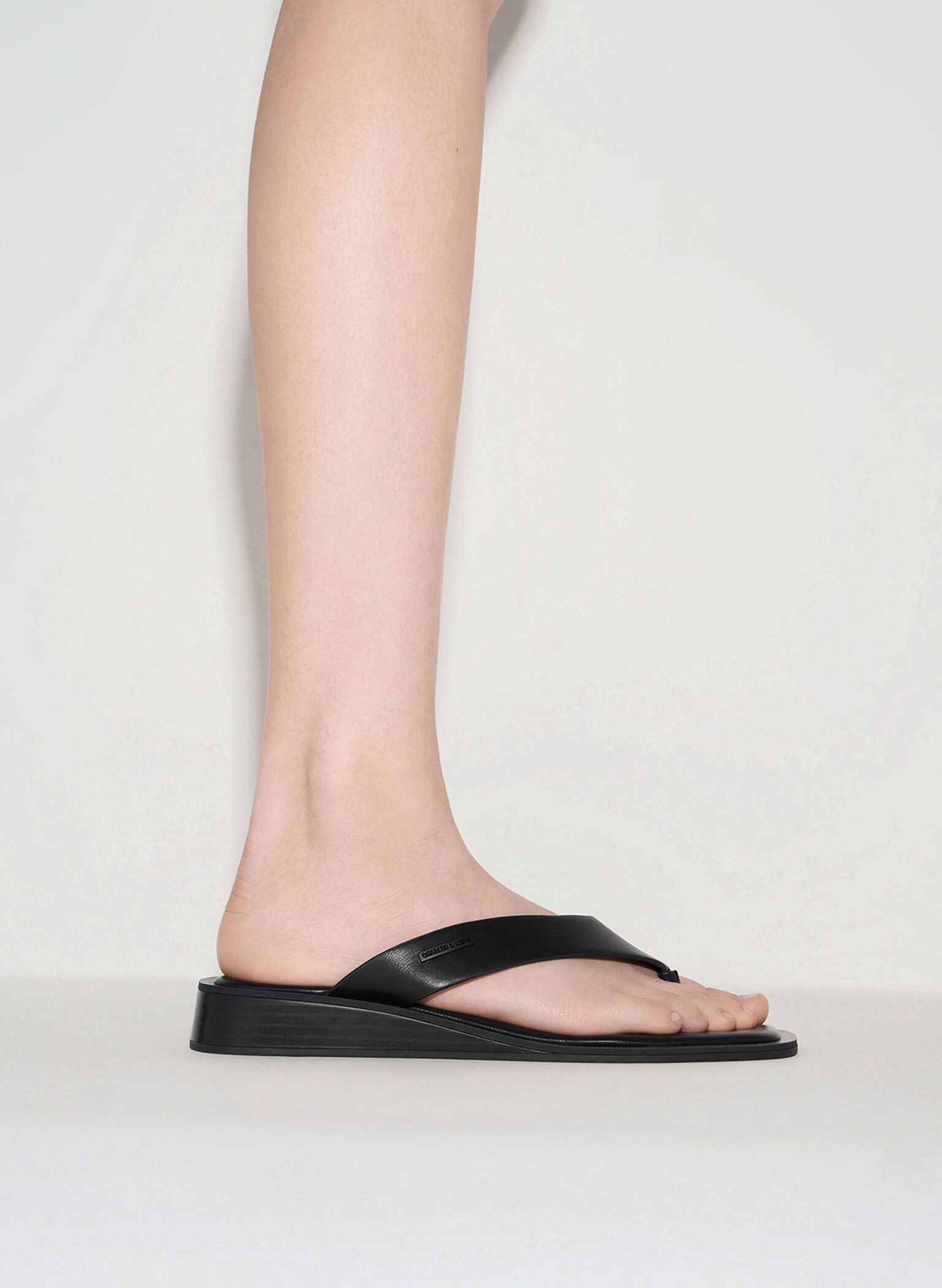 V-Strap Wedge Thong Sandals, Black, hi-res