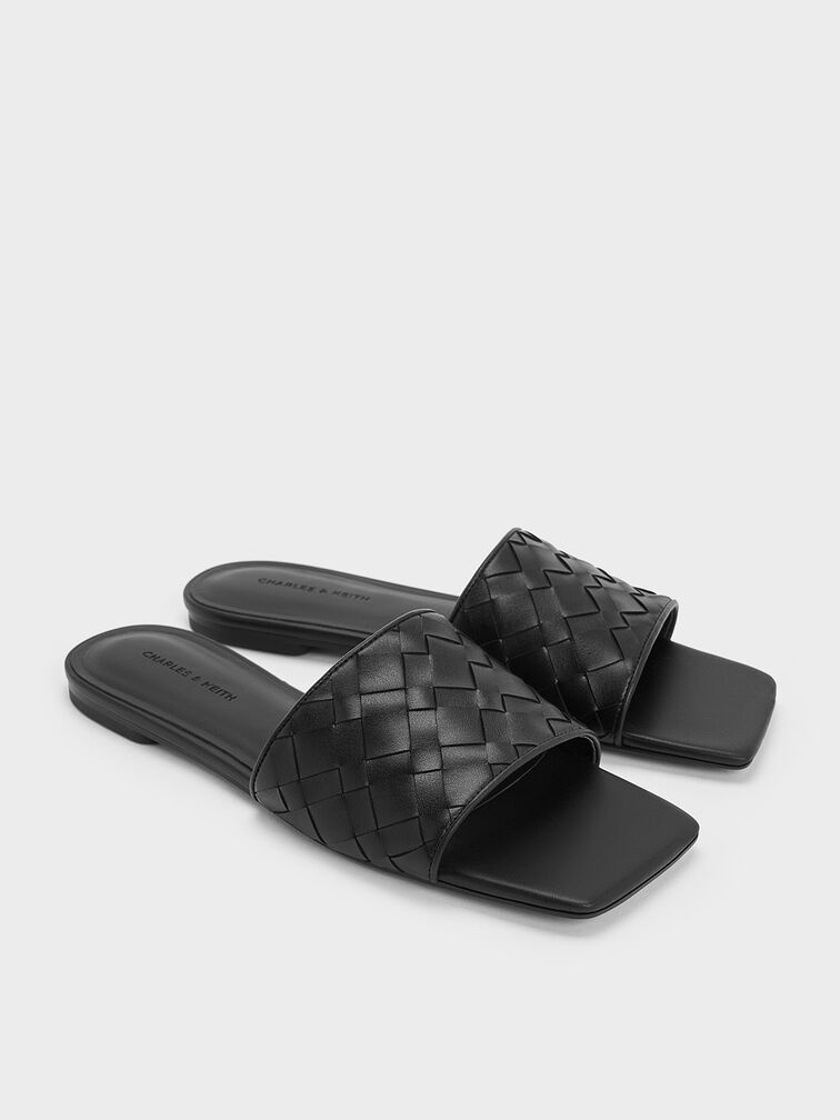 Woven Slide Sandals, Black, hi-res