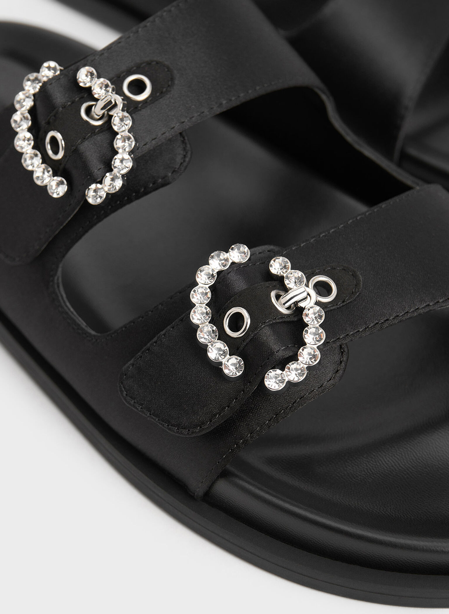 Recycled Polyester Embellished Buckle Sandals, Black Textured, hi-res