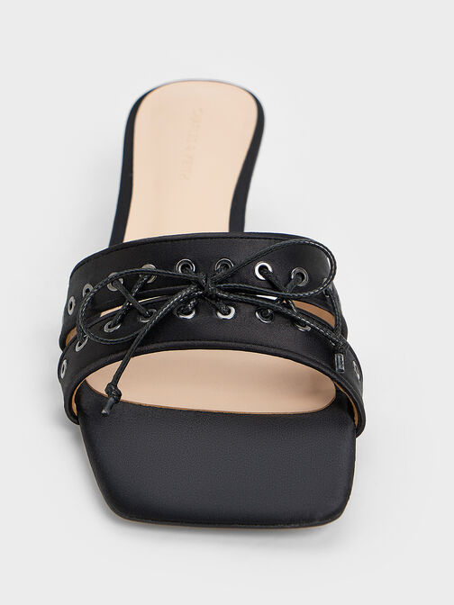 Satin Lace-Up Double-Strap Kitten-Heel Mules, Black Textured, hi-res