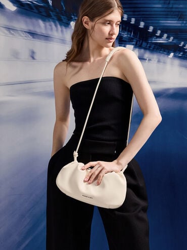 Lorelai Ruched Knotted-Strap Shoulder Bag, Cream, hi-res