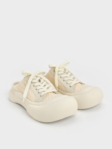 Tweed Lace-Up Slip-On Sneakers, Chalk, hi-res