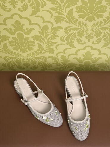 Twill Bead-Flower Block-Heel Slingback Mary Jane Pumps, Grey, hi-res