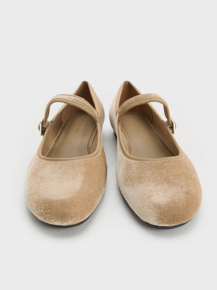 Carmel Velvet Buckled Mary Jane Flats, Beige, hi-res