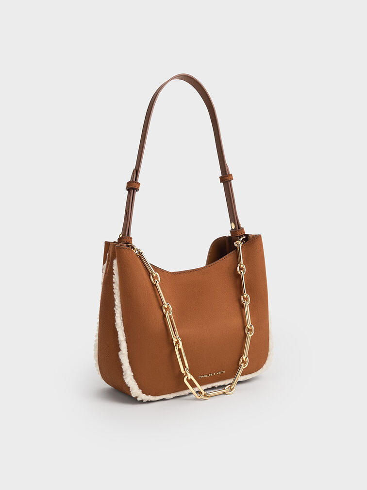 Robyn Faux Suede Fur-Trim Chain-Handle Bag, Brown, hi-res