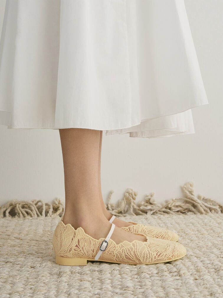 Crochet Floral Mary Jane Flats, Yellow, hi-res