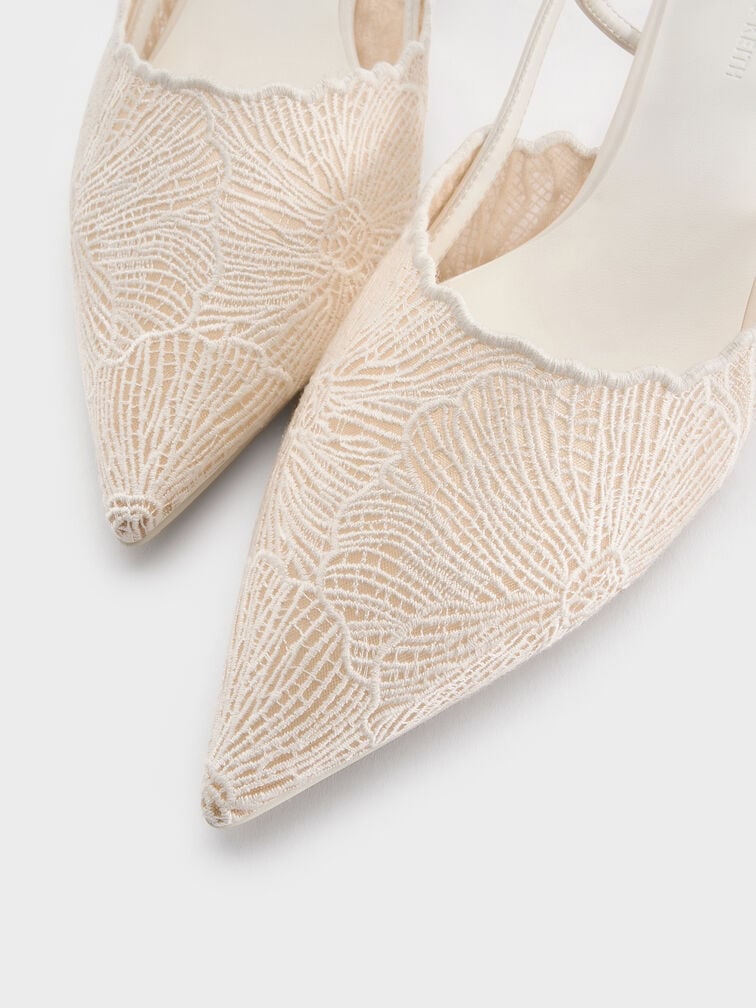 Crochet Floral Pointed-Toe Slingback Pumps, White, hi-res