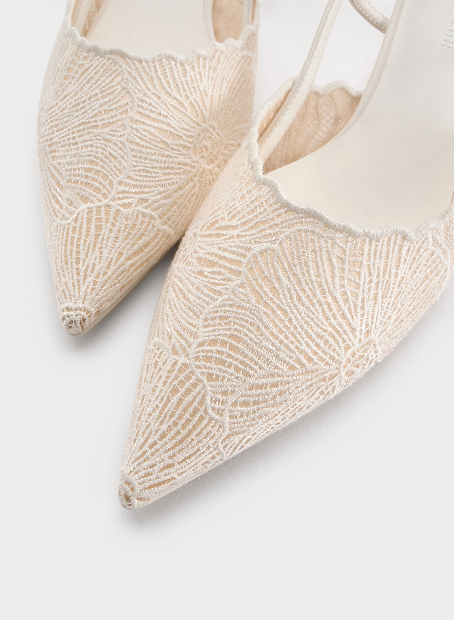 Crochet Floral Pointed-Toe Slingback Pumps, White, hi-res