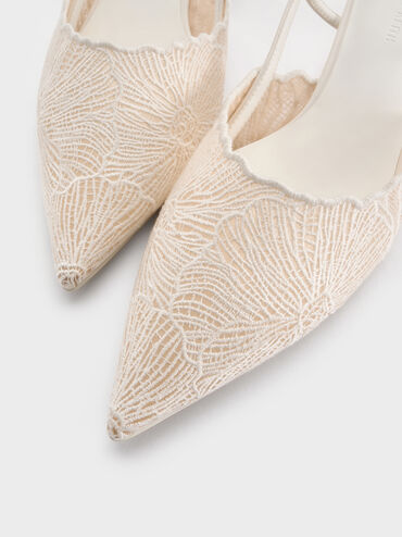 Crochet Floral Pointed-Toe Slingback Pumps, White, hi-res