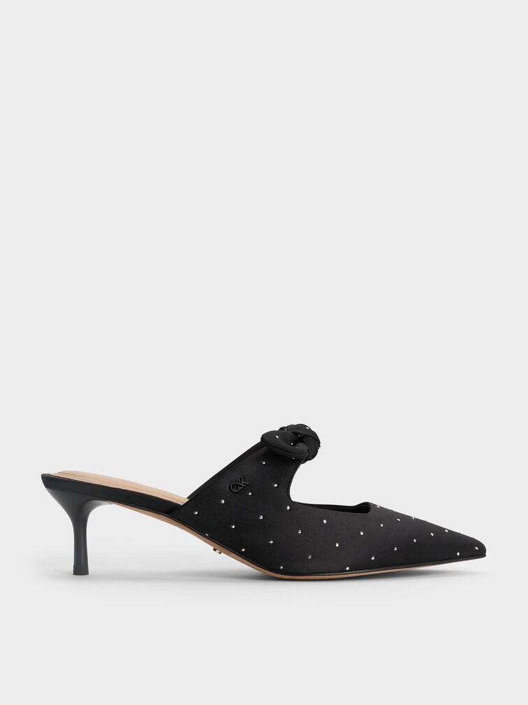 Jayce Dotted Knot-Bow Kitten-Heel Mules, Black Textured, hi-res
