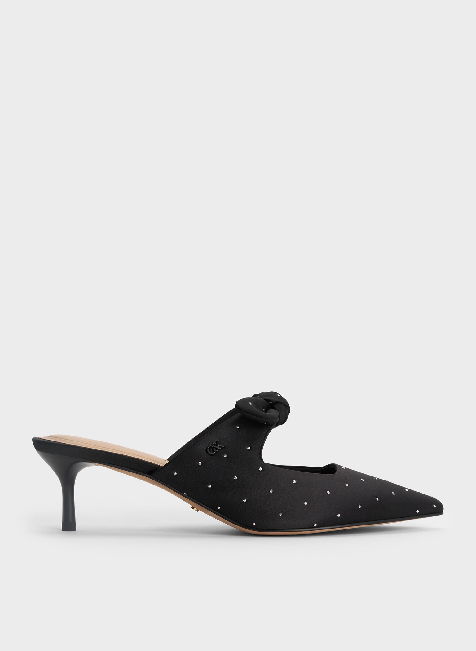 Jayce Dotted Knot-Bow Kitten-Heel Mules, Black Textured, hi-res