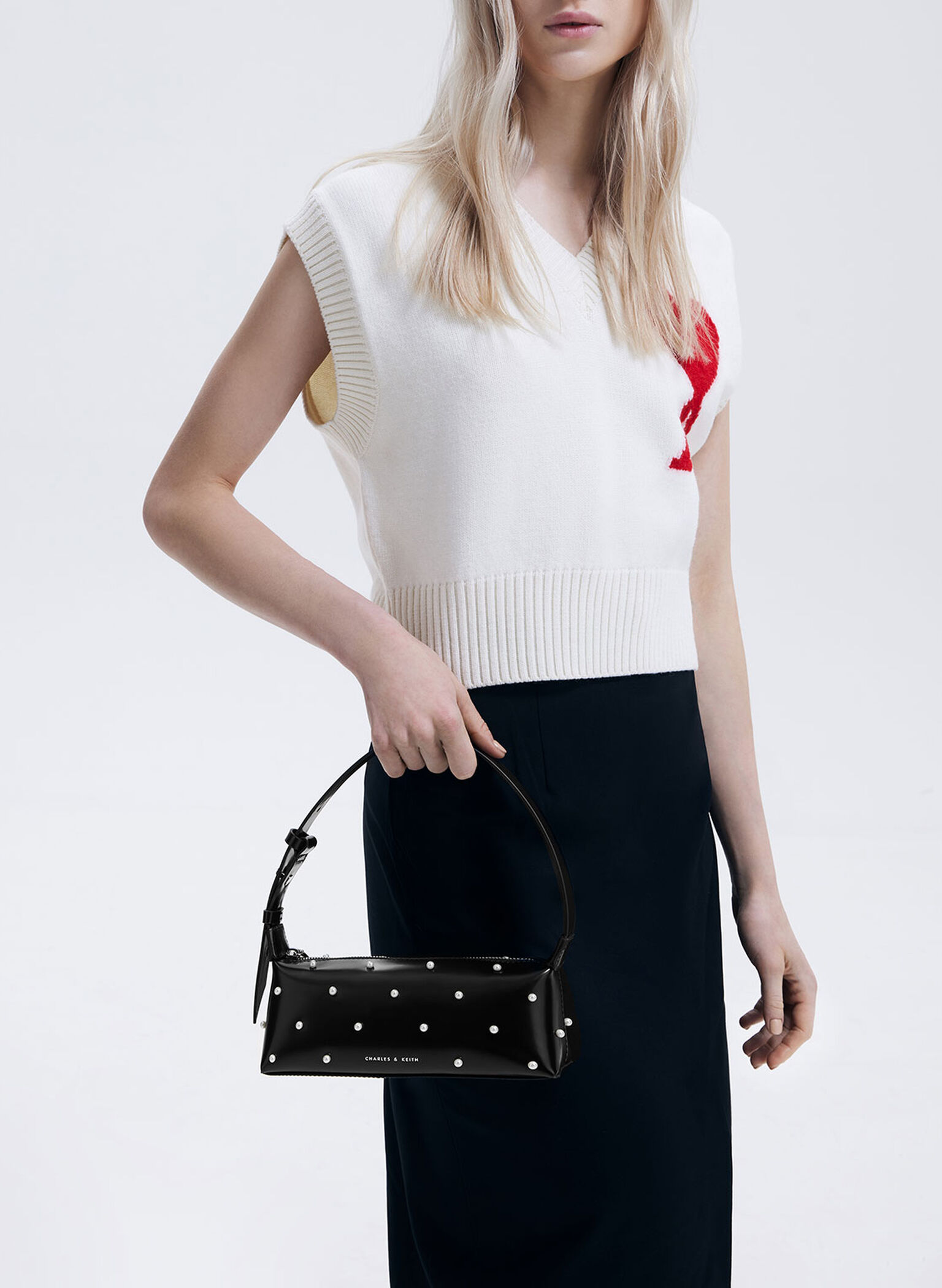 Pearl-Embellished Leather Top Handle Bag, Black, hi-res