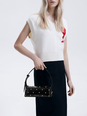 Pearl-Embellished Leather Top Handle Bag, Black, hi-res