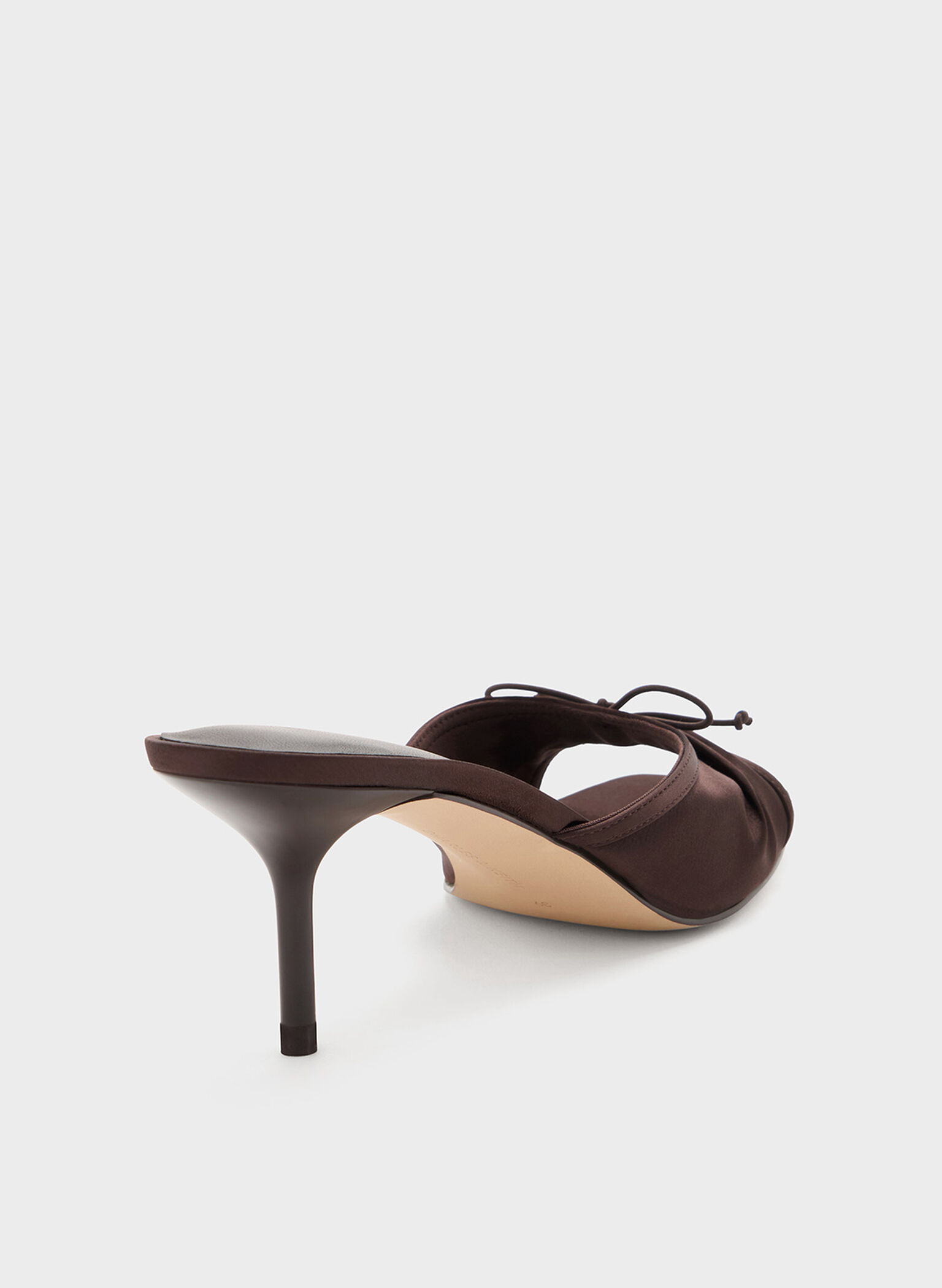Satin Ruched Bow Heeled Mules, Dark Brown, hi-res